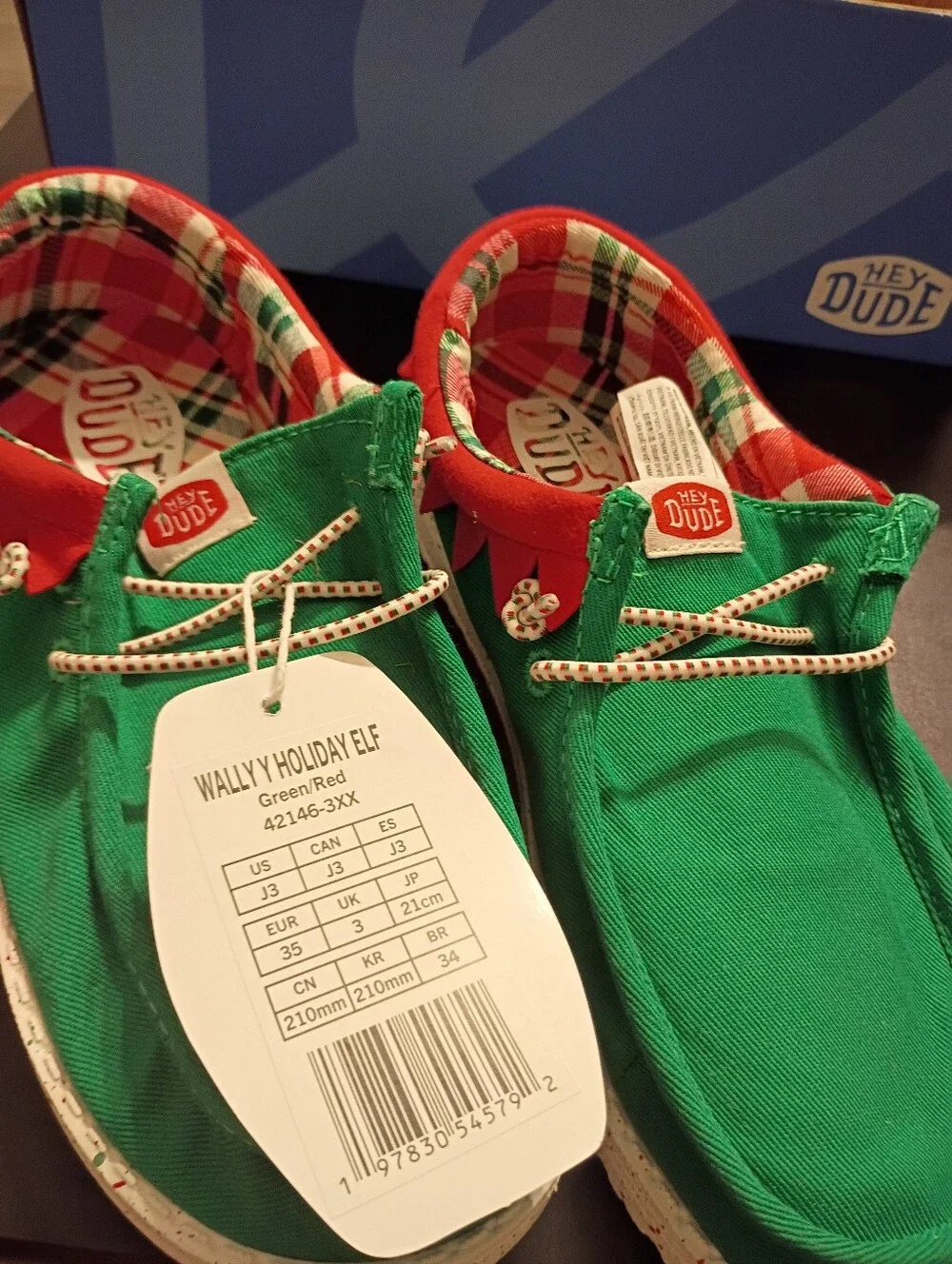 Hey Dude Kids' Wally Holiday Elf Shoes Green/Red Size 3J New With Tags